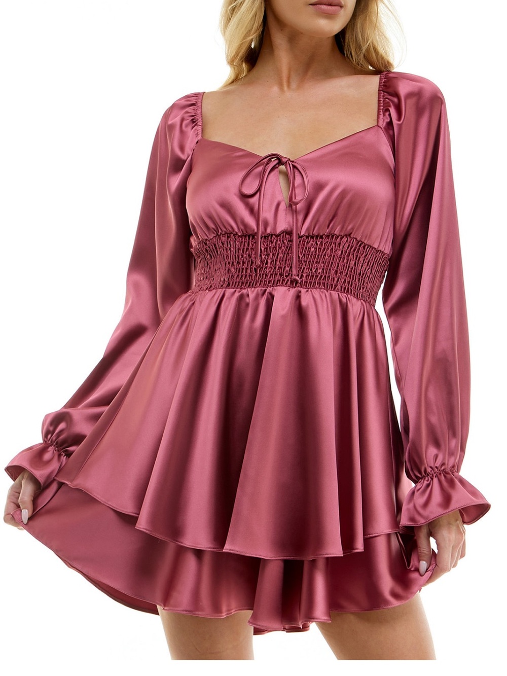 B Darlin Satin Long-Sleeve Babydoll Nightdress - Rose
